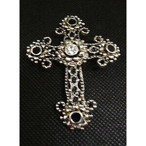 Vintage Filigree Cross Brooch Pin Rhinestones Ornate Silver-Tone Jewelry 2.75"